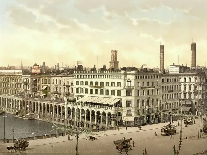 Framed Print : Alster Arcades and Hotel St. Petersburg in Hamburg, Germany, Historic, digitally restored reproduction of a photochrome print from the 1890s Framed Print : Alster Arcades and Hotel St. Petersburg in Hamburg, Germany, Historic, digitally restored reproduction of a photochrome print from the 1890s