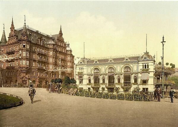Alster Pavillion and Hotel Hamburg in Hamburg, Germany, Historic, digitally restored reproduction of a photochrome print from the 1890s