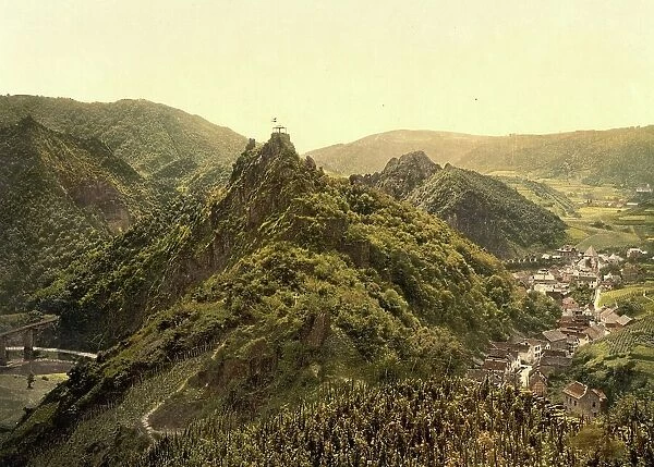 Altenahr and the white cross, Rhineland-Palatinate, Germany, Historic, Photochrome print from the 1890s