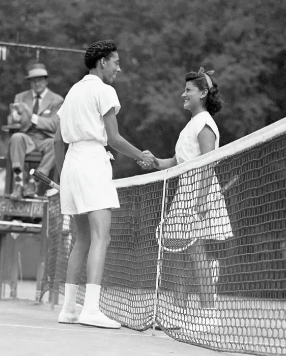 Framed Print : Althea Gibson Shaking Hands with Mela Ramirez