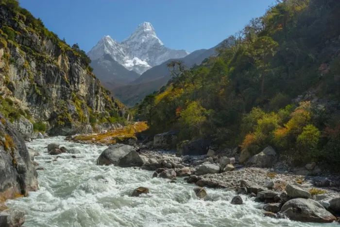 Framed Print : Ama Dablam mountain peak and small river Framed Print : Ama Dablam mountain peak and small river
