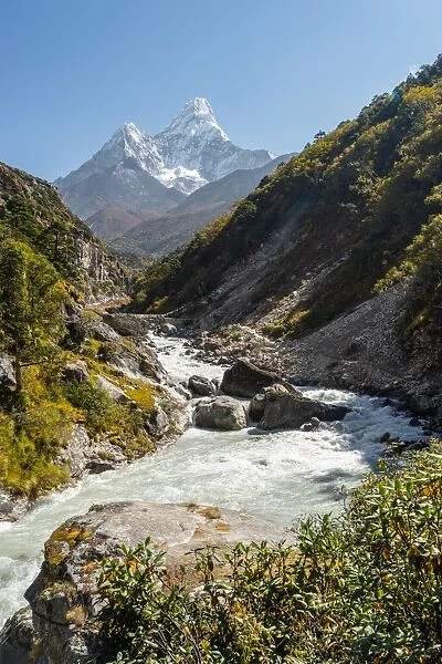 Ama Dablam mountain and small river, Everest region