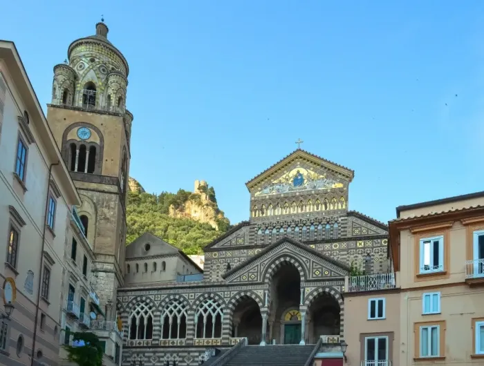 Framed Print : Amalfi cathedral facade with bell tower and steps