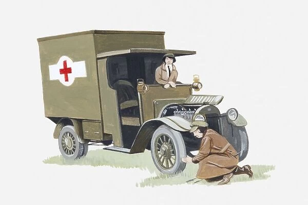 ambulance, car, emergency services vehicle, examining, female nurse, history, horizontal
