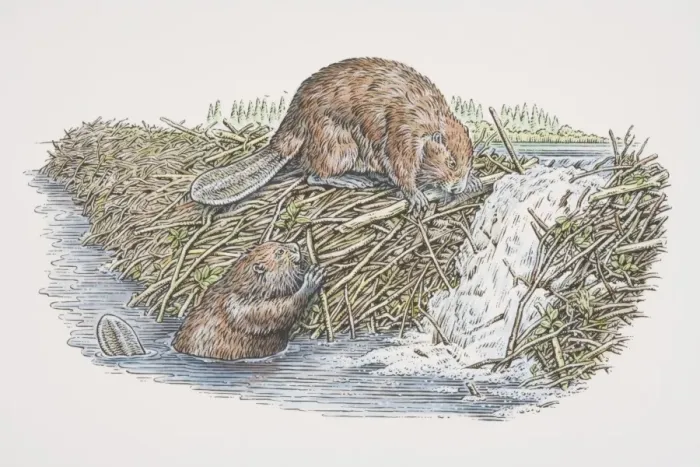 Framed Print : Two American Beavers (castor canadensis) building dam, one perched on top of dam and another in water, side view Framed Print : Two American Beavers (castor canadensis) building dam, one perched on top of dam and another in water, side view