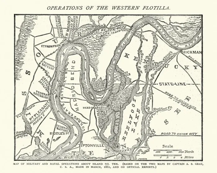 Framed Print : American Civil War, Map operations of the western flotilla Framed Print : American Civil War, Map operations of the western flotilla