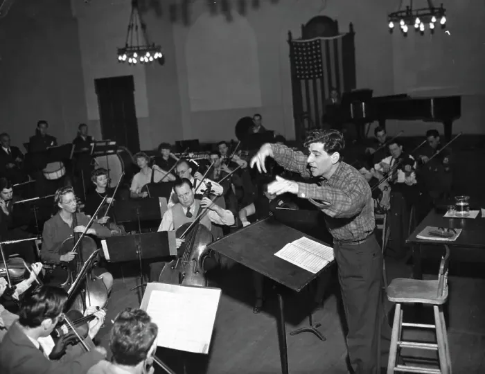 Framed Print : American Composer and Conductor Leonard Bernstein Directing Orchestra