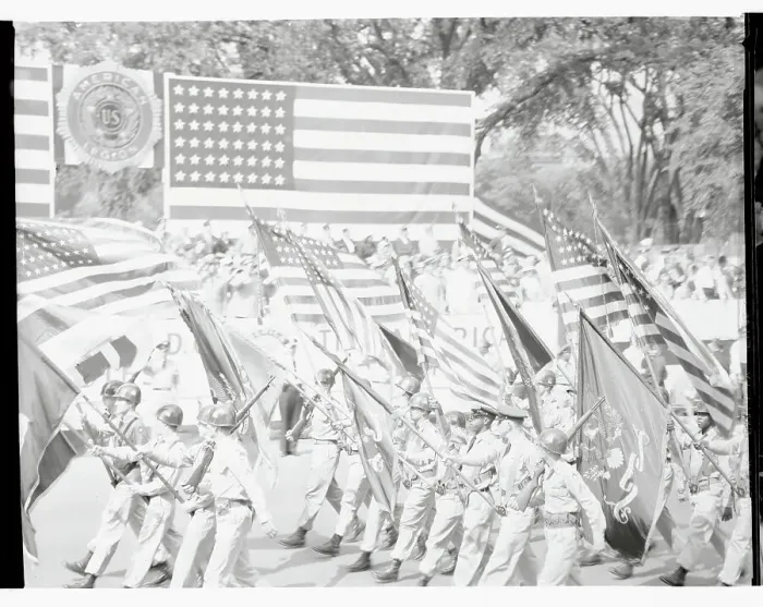 Framed Print : American Flags Being Carried During Legion Parade Framed Print : American Flags Being Carried During Legion Parade