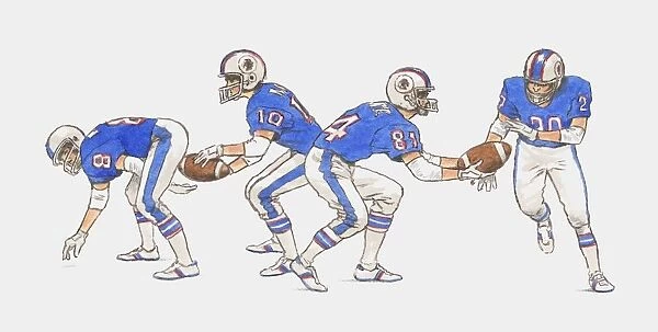 American football players demonstrating moves with the ball