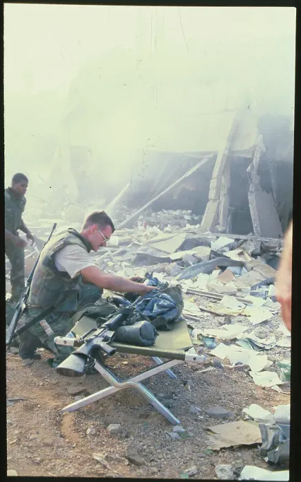 Framed Print : American Marine Examining Goods at Bomb Site Framed Print : American Marine Examining Goods at Bomb Site