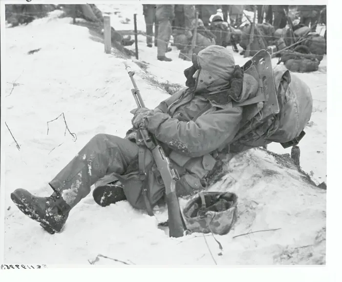 Framed Print : American Marine Resting in the Snow near Fence Framed Print : American Marine Resting in the Snow near Fence