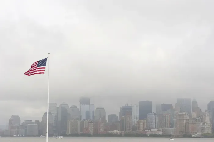 Framed Print : American national flag, view from Ellis Island towards the skyline of Manhattan in the fog, New York, USA, North America Framed Print : American national flag, view from Ellis Island towards the skyline of Manhattan in the fog, New York, USA, North America