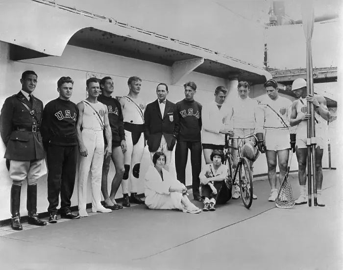 Framed Print : American Olympic Team Posing on Liner Framed Print : American Olympic Team Posing on Liner