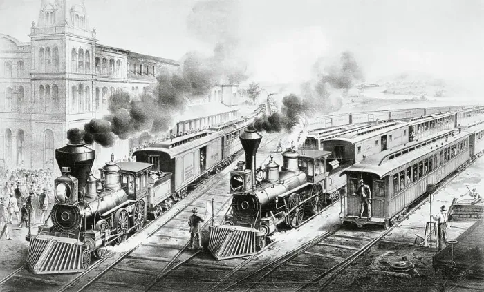 Framed Print : American Railroad Scene: Lightning Express Trains Leaving the Junction by Currier & Ives Framed Print : American Railroad Scene: Lightning Express Trains Leaving the Junction by Currier & Ives