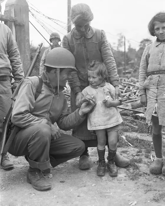 Framed Print : American Soldier Conversing with Small French Girl Traveling Framed Print : American Soldier Conversing with Small French Girl Traveling