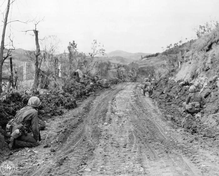 Framed Print : American Soldiers Kneeling on Side of Road in Okinawa Framed Print : American Soldiers Kneeling on Side of Road in Okinawa