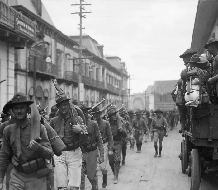 Framed Print : American Soldiers March Through Street Framed Print : American Soldiers March Through Street