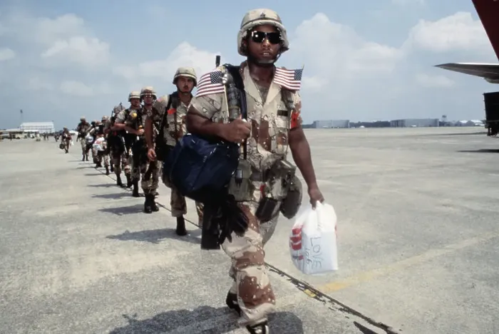 Framed Print : American Soldiers Marching to Airplane on Saudi Arabian Runway Framed Print : American Soldiers Marching to Airplane on Saudi Arabian Runway
