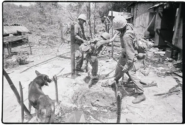 Framed Print : American Soldiers W / Dog Inspect Tunnel