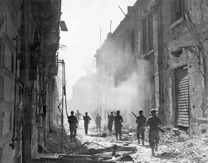 Framed Print : American Soldiers on War Torn Street of Messina Framed Print : American Soldiers on War Torn Street of Messina