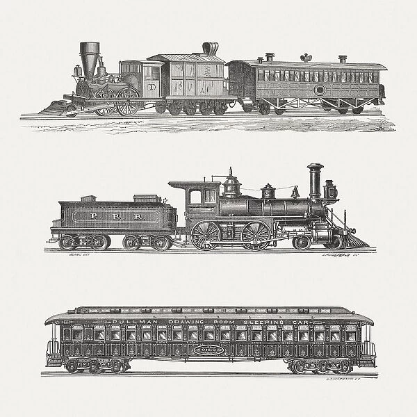 American steam trains, wood engravings, published in 1880