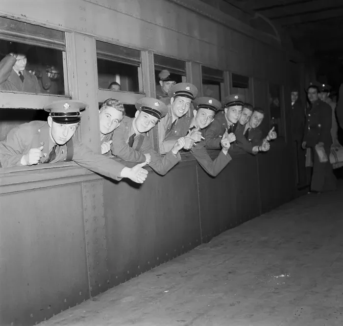 Framed Print : American Troops Leaning from Train Window En Route to Camp Framed Print : American Troops Leaning from Train Window En Route to Camp