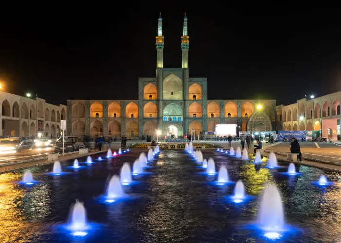 Framed Print : Amir Chakmaq complex by night with colorful lights, Yazd, Iran Framed Print : Amir Chakmaq complex by night with colorful lights, Yazd, Iran