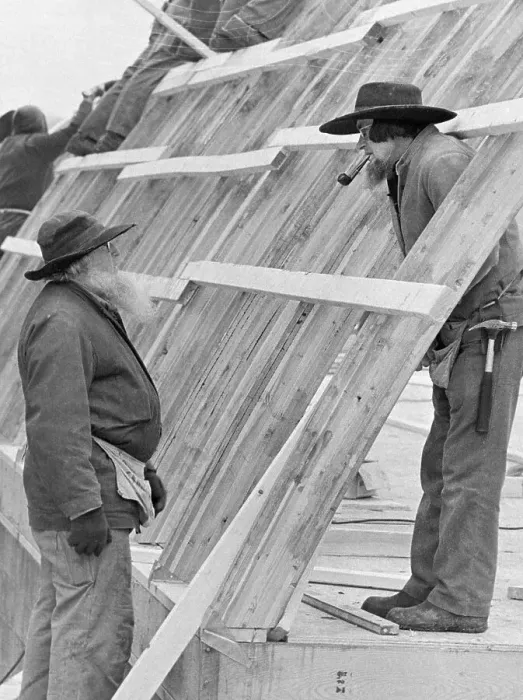 Framed Print : Two Amish Men at a Barn Raising, Pennsylvania Framed Print : Two Amish Men at a Barn Raising, Pennsylvania