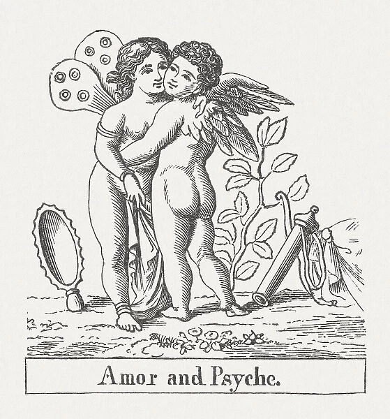 Amor and Psyche, Roman Mythology, wood engraving, published in 1878