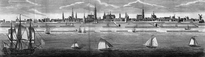 Framed Print : Amsterdam. circa 1775: City of Amsterdam with some of its notable buildings, seen Framed Print : Amsterdam. circa 1775: City of Amsterdam with some of its notable buildings, seen
