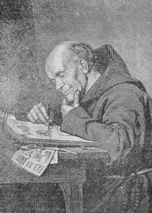 Framed Print : Amused monk writing in a lonely hermitage, 1881, Germany, Historic, digital reproduction of an original 19th-century painting Framed Print : Amused monk writing in a lonely hermitage, 1881, Germany, Historic, digital reproduction of an original 19th-century painting