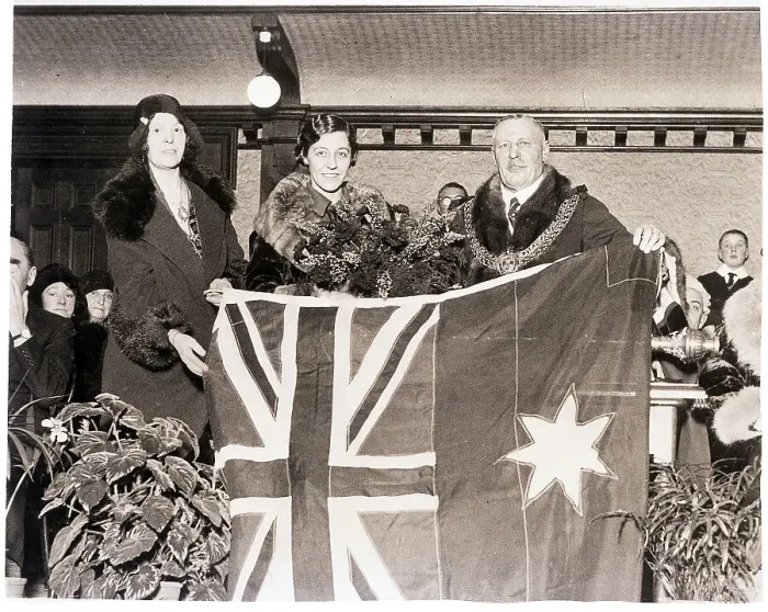 Framed Print : Amy Johnson Presents Flag to Mayor Framed Print : Amy Johnson Presents Flag to Mayor