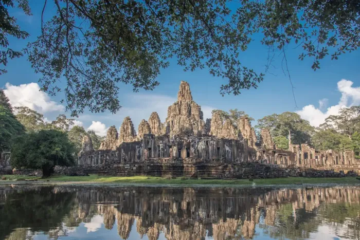 Framed Print : Ancient Bayon temple, Angkor Thom, the most popular tourist attraction in Siem reap, Cambodia
