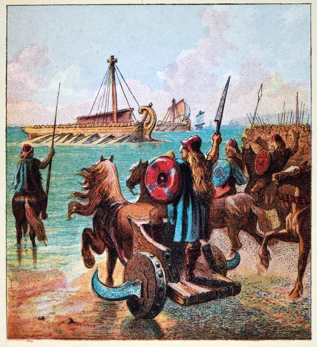 Framed Print : Ancient British warriors waiting to fight the Roman army on the beaches, Roman conquest of Britain Framed Print : Ancient British warriors waiting to fight the Roman army on the beaches, Roman conquest of Britain