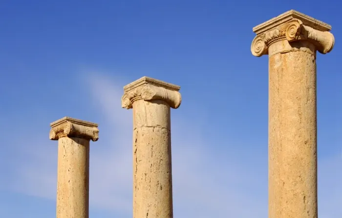 Framed Print : Ancient columns iwith ionic capital, ruins of the Roman City Leptis Magna, Libya Framed Print : Ancient columns iwith ionic capital, ruins of the Roman City Leptis Magna, Libya