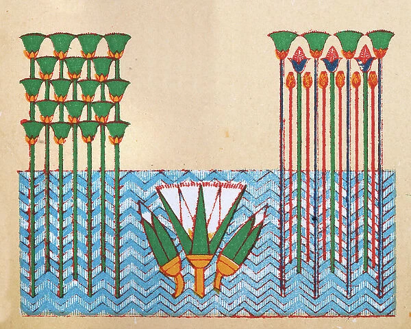 Ancient Egyptian art representation of papyrus plant and lotus flowers growing in the Nile river