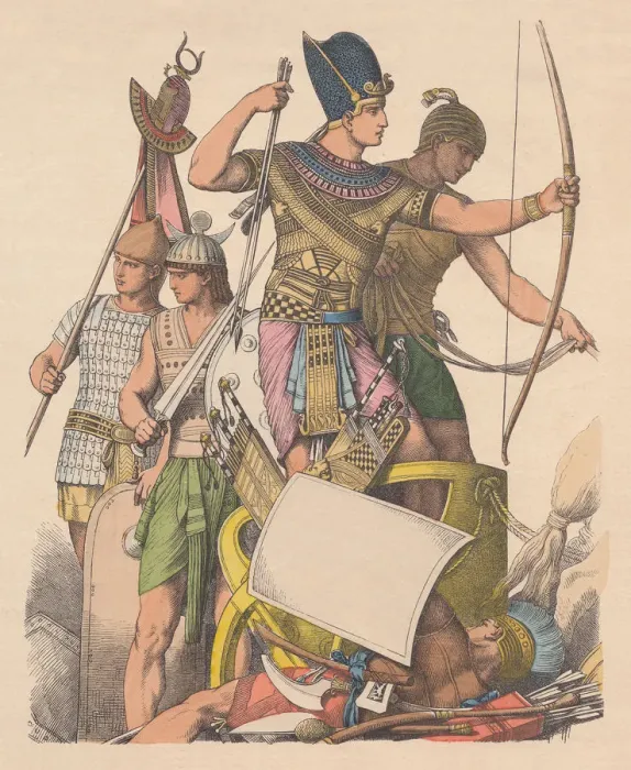 Framed Print : Ancient egyptians warriors, hand-colored wood engraving, published c. 1880 Framed Print : Ancient egyptians warriors, hand-colored wood engraving, published c. 1880