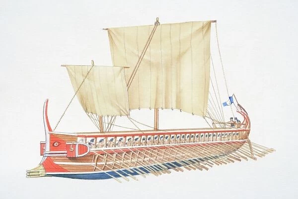 Ancient Greece, wooden sailing boat with two large sails