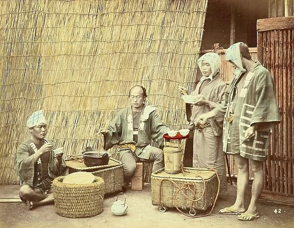 Ancient Japan, Selling tea, refreshments and food by the wayside, c. 1880, Japan, Historic, digitally restored reproduction from an original of the period