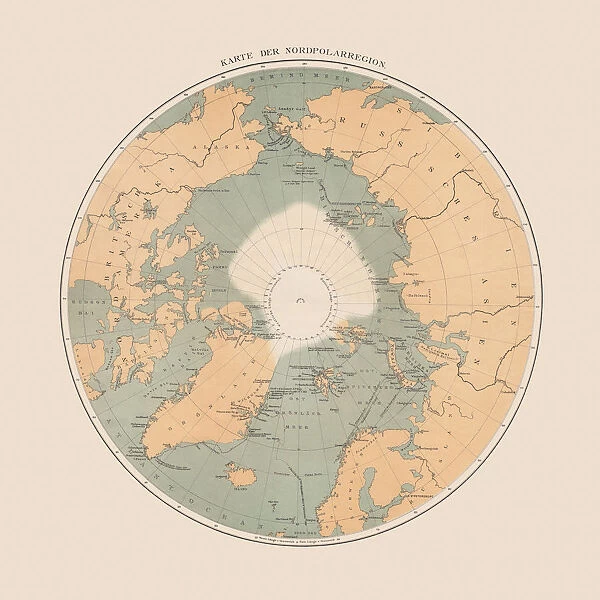 Ancient map of the Arctic Region, lithograph, published in 1883