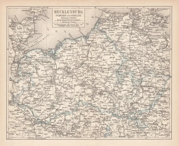 Framed Print : Ancient map of Mecklenburg, lithograph, published in 1877