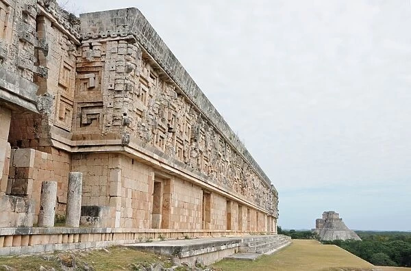 Ancient Mayan Ruined Buildings and Pyramid, Uxmal