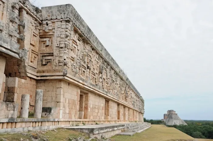 Framed Print : Ancient Mayan Ruined Buildings and Pyramid, Uxmal
