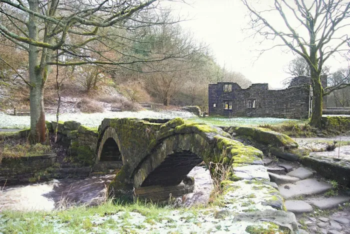 Framed Print : Ancient Pack Horse Bridge and Wycoller Hall Framed Print : Ancient Pack Horse Bridge and Wycoller Hall