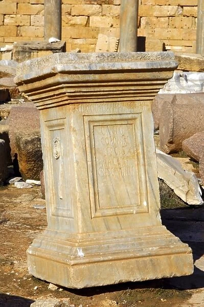 Ancient Roman Pedestal, inscription Genio Coloniae Lepcis Magnae Crescentinae, Leptis Magna, Libya
