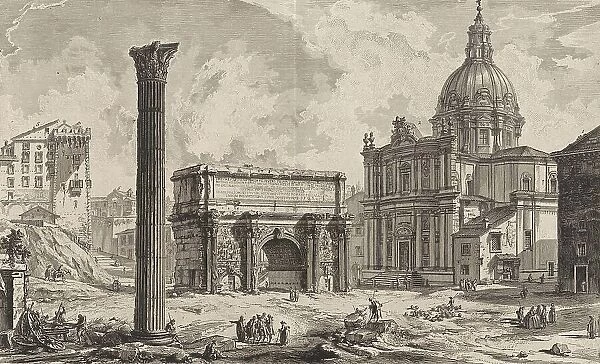 Ancient Rome, Arco di Settimio Severo, the Arch of Septimius Severus is a three-arched triumphal arch located at the northwest corner of the Roman Forum, standing on a travertine plinth that was originally accessible only by stairs, 1770, Italy