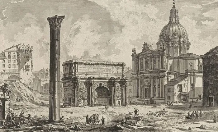 Framed Print : Ancient Rome, Arco di Settimio Severo, the Arch of Septimius Severus is a three-arched triumphal arch located at the northwest corner of the Roman Forum, standing on a travertine plinth that was originally accessible only by stairs, 1770, Italy
