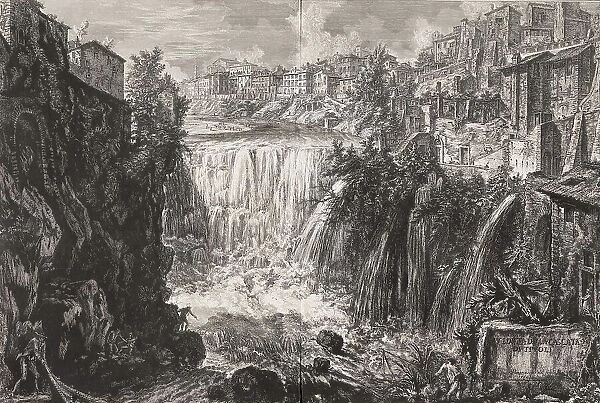 Ancient Rome, Cascata di Tivoli, Waterfall of Tivoli, 1760, Italy, Historic, digitally restored reproduction from an original of the period