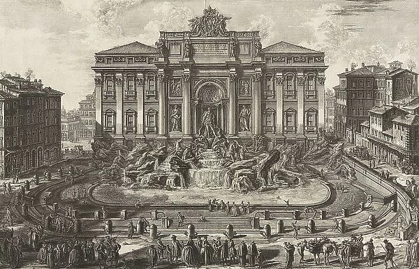 Ancient Rome, perspective view of the great fountain of the Virgin Mary, known as the Trevi Fountain, architecture by Nicola Salvi, 1770, Italy, Historical, digitally restored reproduction from an original of the period