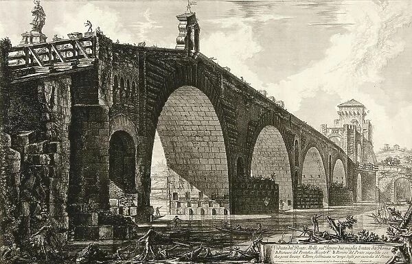 Ancient Rome, Ponte Molle sul Tevere, The Ponte Milvio, Molle Bridge or Mollo Bridge), a bridge in Rome over the Tiber River on the axis of the first urban section of the Via Flaminia, 1770, Italy, Historical, digitally restored reproduction from an